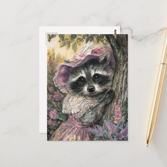 Charming Raccoon in a Pink Dress Postcard (Front/Back In Situ)