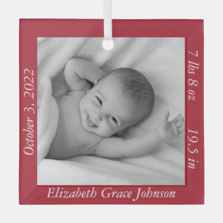 Charming Red Baby’s First Photo, Name, & Stats Glass Ornament