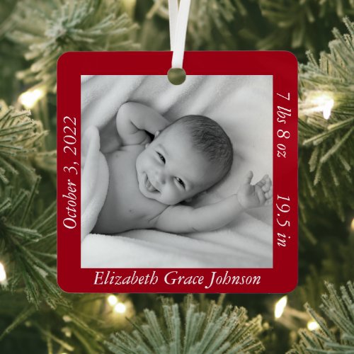 Charming Red Babys First Photo Name  Stats Metal Ornament