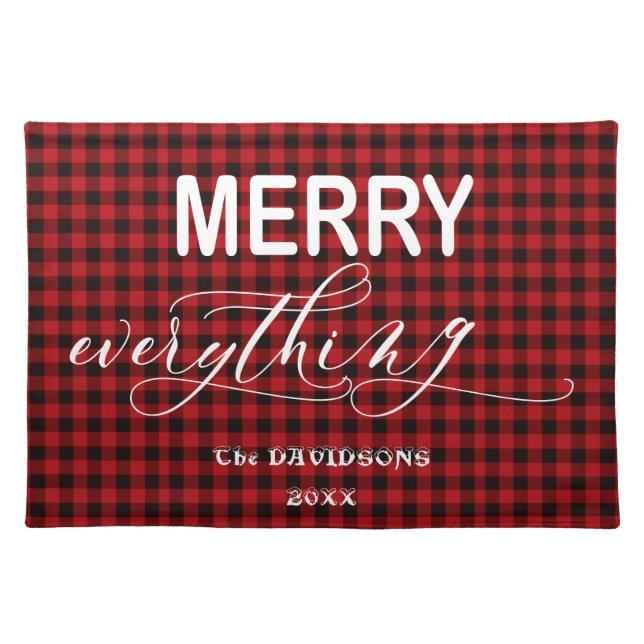 Charming Red Buffalo Holiday MERRY Everything Cloth Placemat (Front)