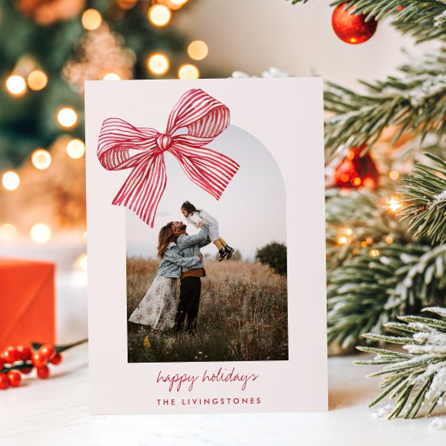 Charming Red Candy Stripes Bow & Arch Photo   Holiday Card (Creator Uploaded)