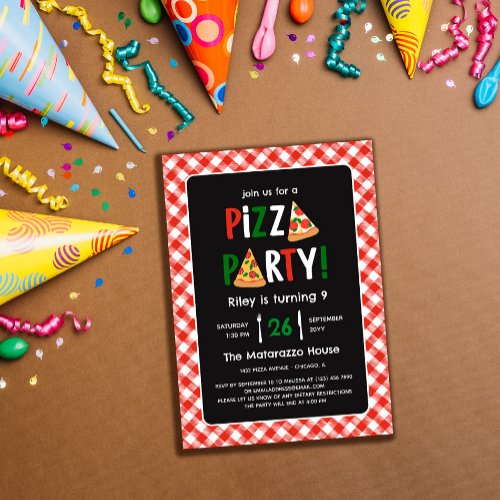 Charming Red Gingham Pizza Party Birthday Invitation