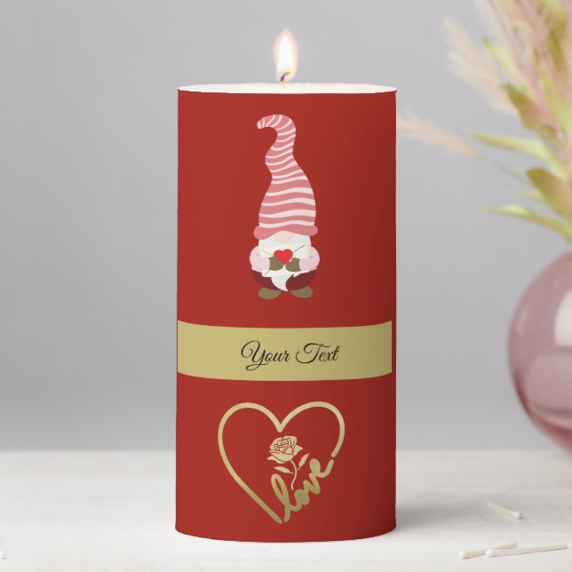 Charming Red Heart Gnome Love Message  Pillar Candle (In Situ)