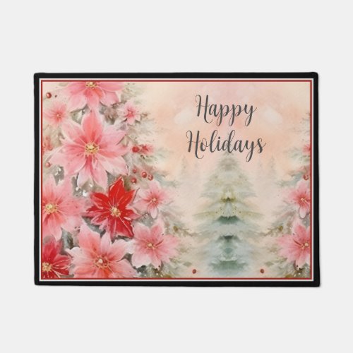 Charming red pink Watercolor Poinsettia Tree Doormat