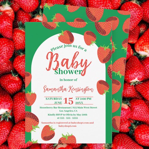 Charming Red Strawberries on Green Baby Shower Invitation