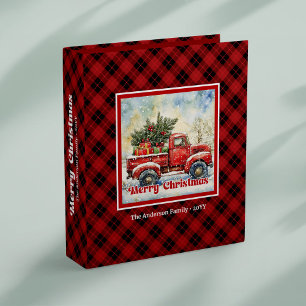 Charming red truck winter scene rustic tartan 3 ring binder