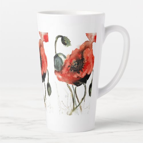 Charming red watercolor poppy seed flowers latte mug