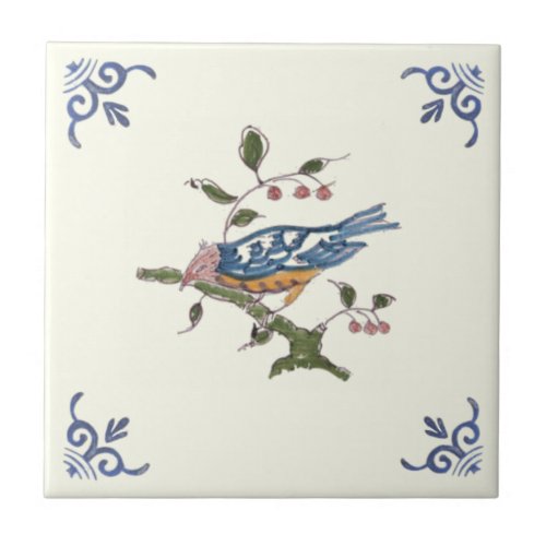 Charming Repro Delft Bird on Branch wBerries Ceramic Tile