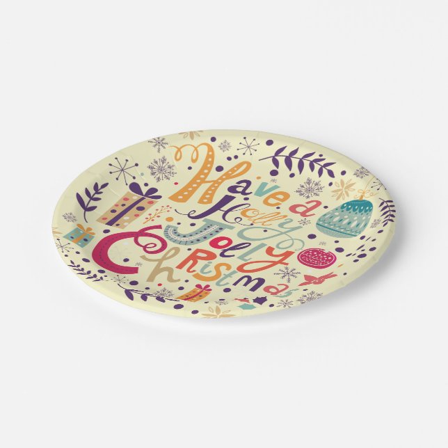 Charming Retro Holly Jolly Christmas Text Design Paper Plates (Angled)