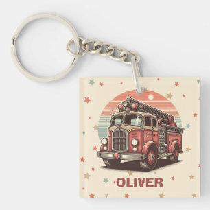 Charming Retro Vintage Fire Truck at Sunset Keychain