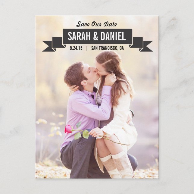 Charming Ribbon Save The Date - Black Announcement Postcard (Front)