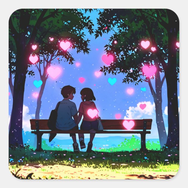 Charming Romantic Cartoon Characters Square Sticker (Front)
