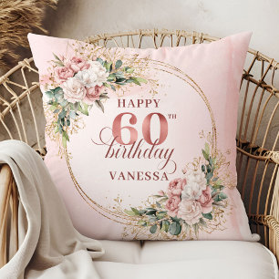 Charming Rose Gold Eucalyptus Floral 60th birthday Throw Pillow