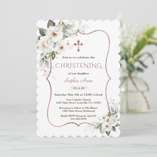 Charming Rose Gold White Cream Flowers Christening Invitation (Standing Front)