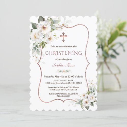 Charming Rose Gold White Cream Flowers Christening Invitation