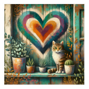Charming Rustic Cat Heart Teal, Amber & Cream Acrylic Print