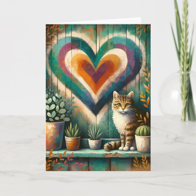Charming Rustic Cat Heart Teal, Amber & Cream  Card (Front)