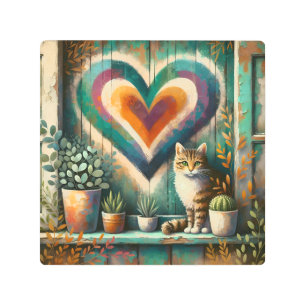 Charming Rustic Cat Heart Teal, Amber & Cream Metal Print
