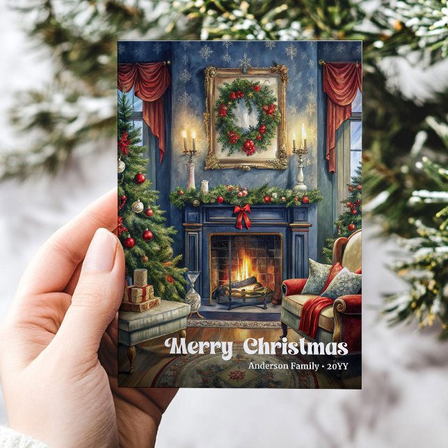 Charming rustic Christmas interior in watercolor  Holiday Card (Charming rustic Christmas interior in watercolor glow)