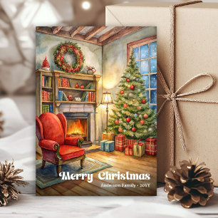 Charming rustic festive scene with holly accents holiday card