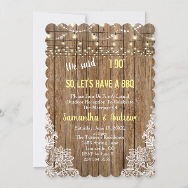 Charming Rustic Lace String Lights I DO BBQ Invite (Front)