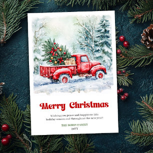 Charming Rustic Red Truck Christmas Scene Holiday Card