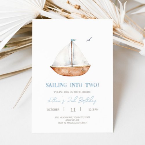 Charming Sailboat 2nd Birthday Party Invitation