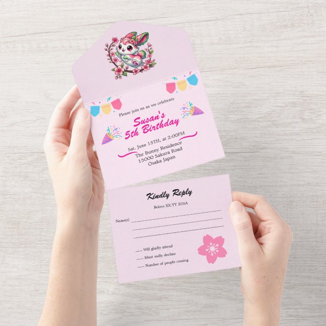 Charming Sakura Bunny All In One Invitation (Tearaway)