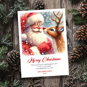 Charming Santa And Rudolph Scene Christmas Greetin Holiday Card