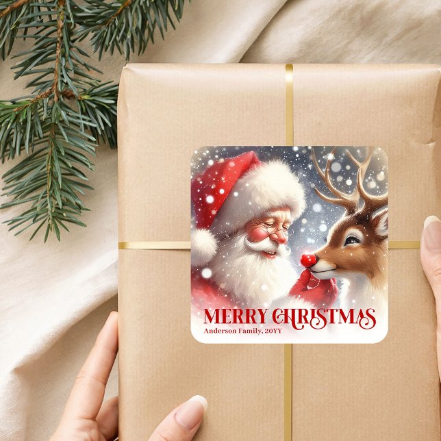 Charming Santa Claus Rudolph Personalized Kids   Square Sticker (Charming Santa Claus Rudolph Personalized Kids Holiday Sticker

)