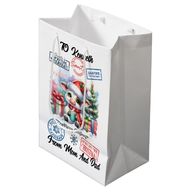 Charming Santa Sack With Festive cow Medium Gift Bag (Front Angled)