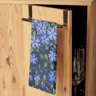 Charming Scattered Periwinkle Flowers Deep Blue Kitchen Towel