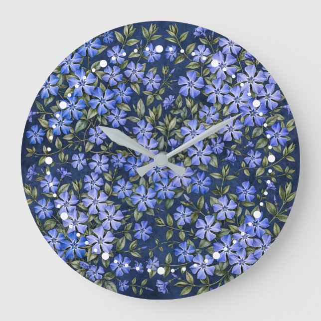 Charming Scattered Periwinkle Flowers Deep Blue Large Clock (Front)