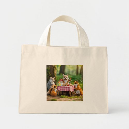 Charming Scene of Forest Animals Having a Picnic  Mini Tote Bag