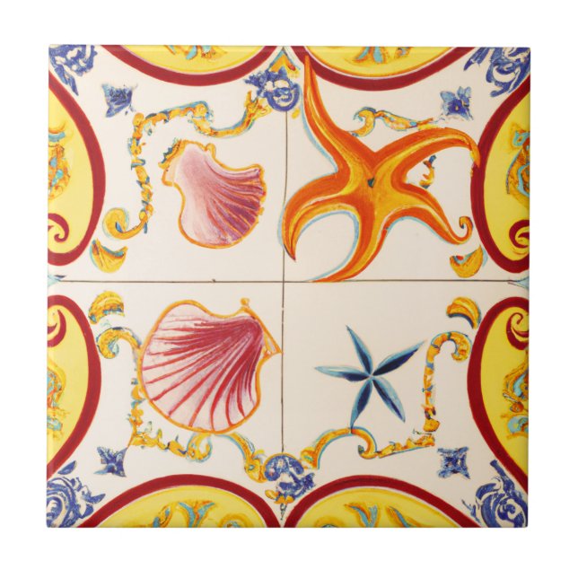 Charming Seashells and Starfish Ceramic Tile (Front)