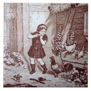 Charming Sepia Tile Farm Boy and Chickens