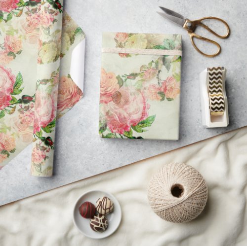 Charming Shabby Chic Pink Floral Roses Art Pattern Wrapping Paper