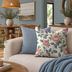 Charming Shabby Chic Roses Dusty Pink Blue Pillow
