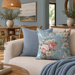 Charming Shabby Chic Roses Pastel Blue Pillow Art