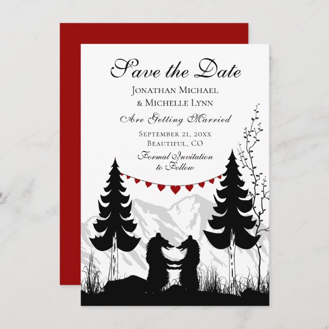 Charming Silhouette Mountain Bear Couple Wedding Save The Date (Front/Back)