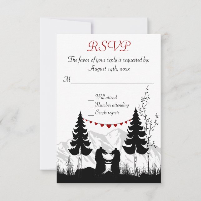 Charming Silhouette Mountain Bears Wedding RSVP Card (Front)