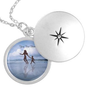 Charming Silhouette of Mother & Son at the Beach Silver Plated Necklace