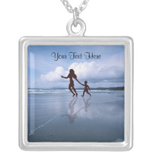 Charming Silhouette of Mother & Son at the Beach Silver Plated Necklace