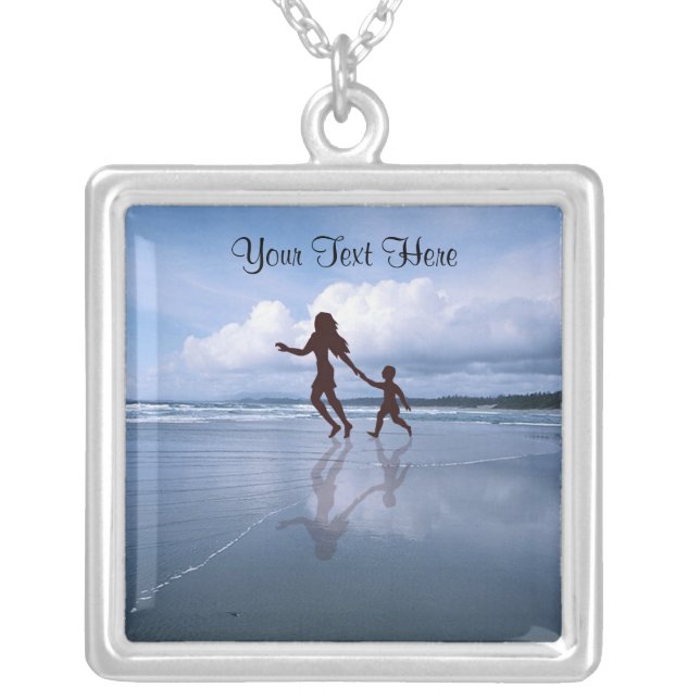 Charming Silhouette of Mother & Son at the Beach Silver Plated Necklace (Front)