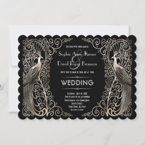 Charming Silver Art Deco Peacocks Wedding Invitation