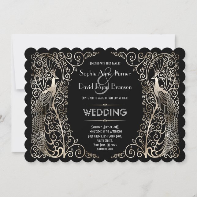 Charming Silver Art Deco Peacocks Wedding Invitation (Front)