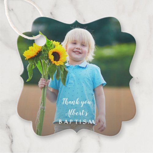 Charming Simple Boy Photo Baptism Favor Tags