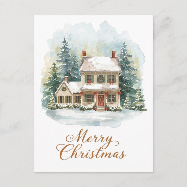 Charming Snow-Covered Christmas Farmhouse Holiday Postcard (Front)