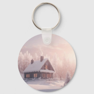 Charming Snow-Covered Wooden Cabin in a Forest Keychain