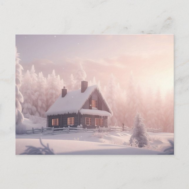 Charming Snow-Covered Wooden Cabin in a Forest Postcard (Front)
